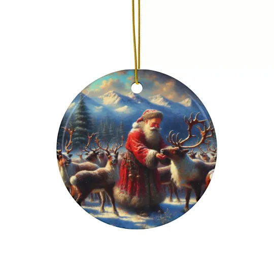 Winter Wonderland Santa & Reindeer Ceramic Ornaments, 2-Side Print