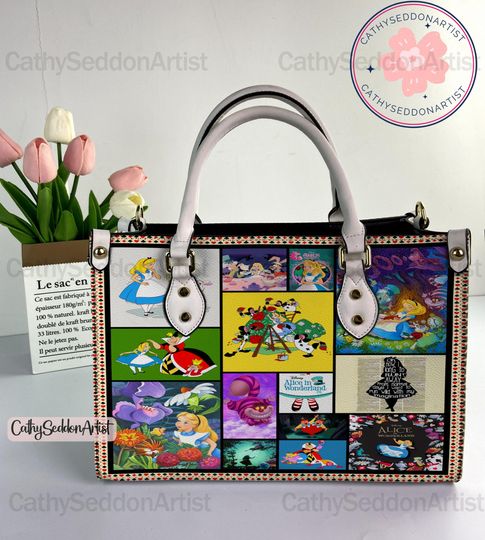 Alice In Wonderland Leather Handbag, Alice In Wonderland Xmas Woman Handbag, Shoulder Bag, Crossbody Bag,Vintage Top Handle Bag