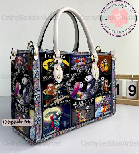 Discover Jack Skellington Leather Handbag, Jack Skellington Halloween Woman Handbag, Shoulder Bag, Crossbody Bag, Vintage Top Handle Bag