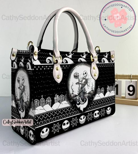 Jack Skellington Leather Handbag, Jack Skellington Halloween Woman Handbag, Shoulder Bag, Crossbody Bag, Vintage Top Handle Bag