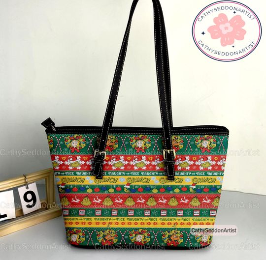 Vintage funny character Christmas Leather Tote Bag, funny character Christmas Leather Bag, Shoulder Bag, Vintage Tote Bag