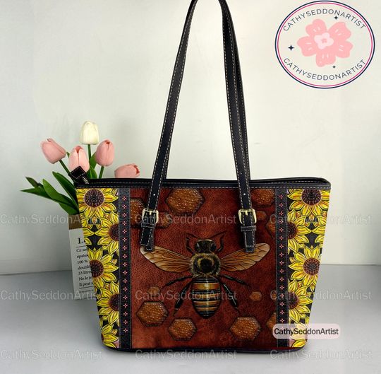 Bee and Sunflower Halloween Leather Tote Bag, Bee Sunflower Halloween Leather Bag, Shoulder Bag, Vintage Tote Bag