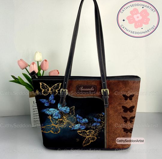Butterfly Vintage Leather Tote Bag, Butterfly Vintage Leather Bag, Shoulder Bag, Vintage Tote Bag