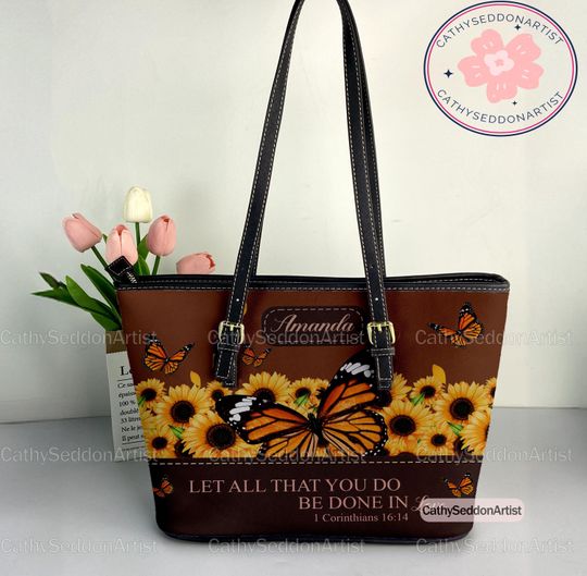 Sunflower Butterfly Leather Tote Bag, Sunflower Butterfly Leather Bag, Shoulder Bag, Vintage Tote Bag