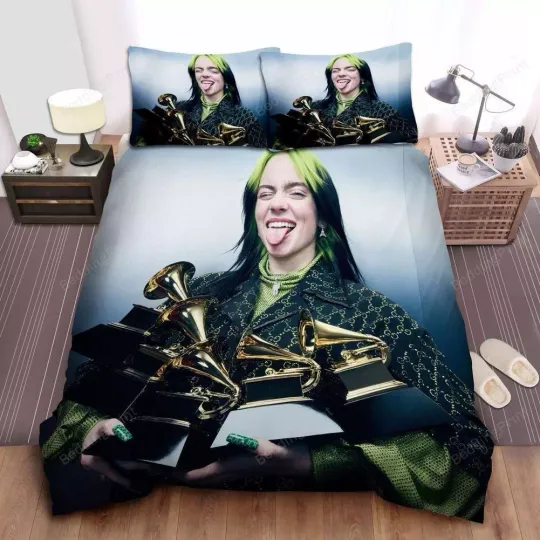 Billie Eilish With Her 5 Grammy Awards Photograph Bedding Set | Music Lover Bedding | Music Tour Merch | Gift For Fan
