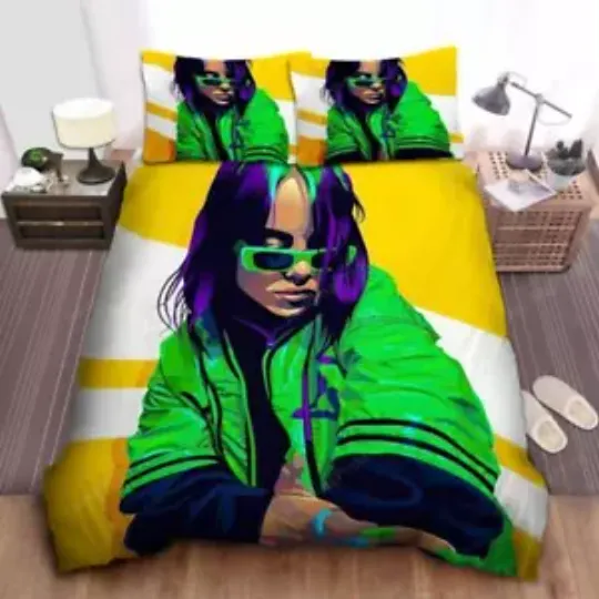 Billie Eilish In Green Jacket Digital Artwork Bedding Set | Music Lover Bedding | Music Tour Merch | Gift For Fan