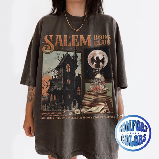 Salem Book Club Comfort Colors T-Shirt | Moonlit Meeting In The Witching Hour Tee | Join Our Cover Readers For Spooky Stories & Spells Tee