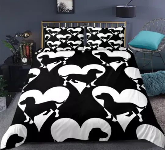 Dachshund Sausage Dog With Black Hearts Design 3 Piece Duvet Set