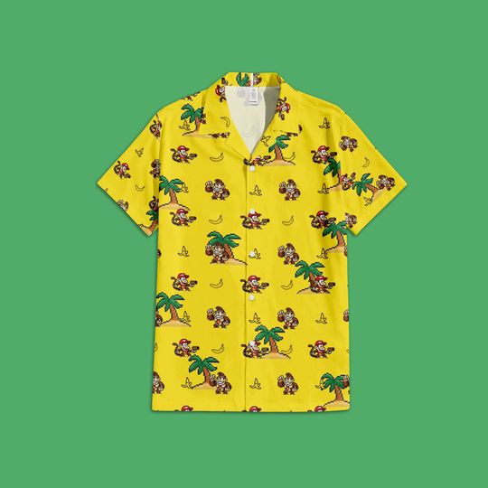 Donkey Kong Pixel Art Hawaiian Shirt, Retro 8-Bit Super Mario Shirt, Video Game Shirt, Nintento World Shirt, Super Mario Button Up