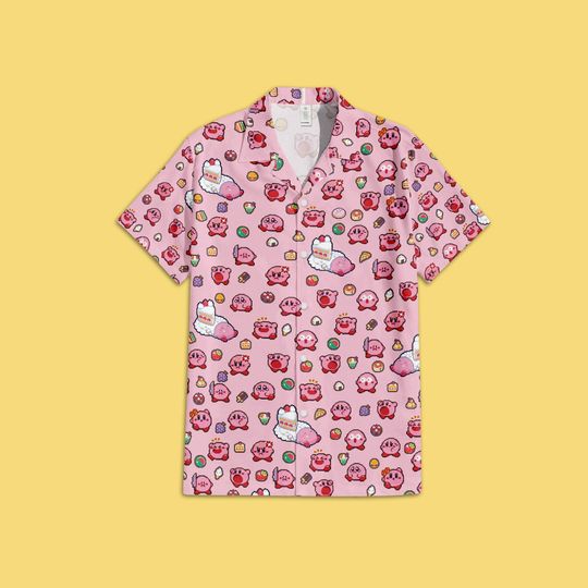 Funny Kirby 8-Bit Retro Button Up Shirt, Pixel Art Hawaii Shirt, Pixel Kirby Hawaii, Cute Kirby Shirt, Kawaii Kirby, Game Lovers Gift
