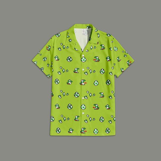 Yoshi Pixel Art Shirt, Mushroom Kingdom Hawaiian Shirt, Retro Gaming Adventure Wear, Classic Arcade Characters Button Up