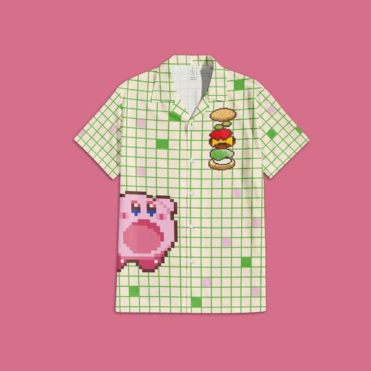 8-Bit Kirby Hawaiian Shirt, Kirby Pixel Dreamland Hawaiian Shirt, Kirbey Nintendo Button Up Hawaiian Shirt, Game Console Hawaiian Shirt.