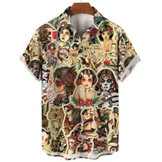 Element Retro Vintage Cool Art Floral Print Men's Button Up Hawaiian Shirt Tops