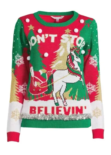New Women's Juniors - Ugly Christmas Sweater - Don't Stop Believin' - S 3/5
