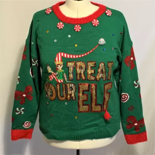 Ugly Christmas Sweater Treat Your Elf Self Peppermint Sequins Green Womens M