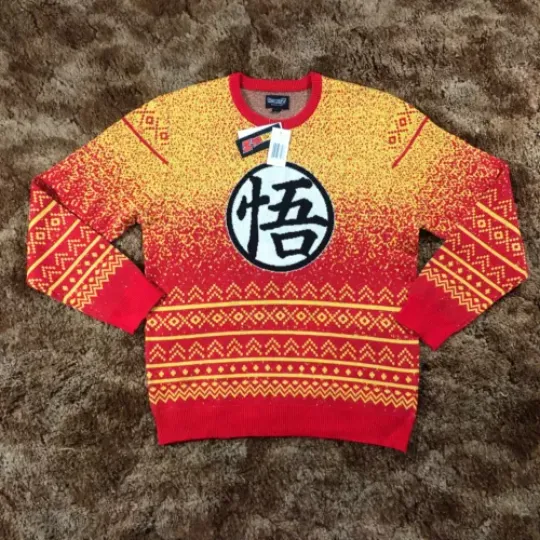 NEW Dragon Ball Z Goku Men Sz L Ugly Christmas Sweater Knit Red Gold Japan Anime