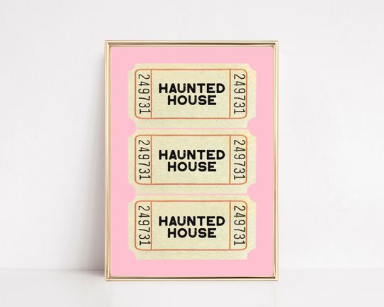 pink halloween decor | haunted house drink ticket print | retro halloween print | trendy wall art