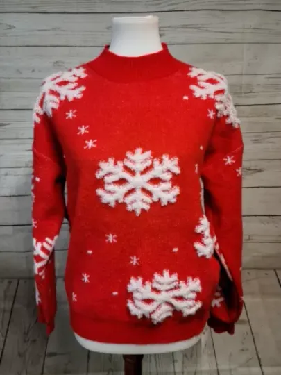 NWT Ugly Christmas Sweater Women's Medium Snowflakes Red White Mock Neck