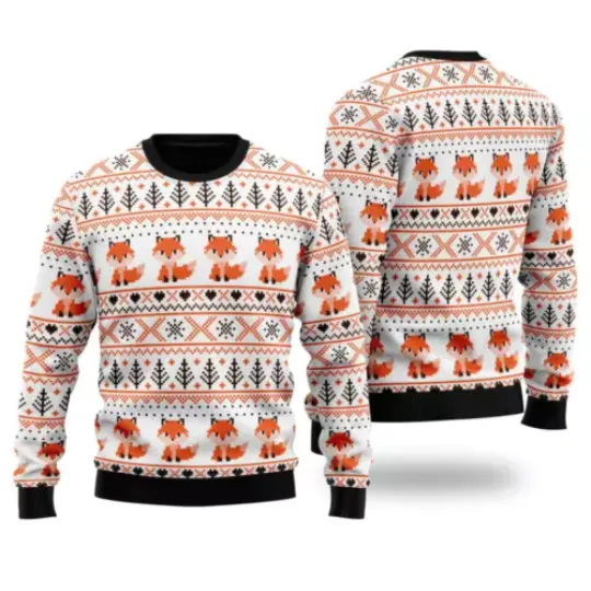 Orange Fox Xmas Pattern Ugly Christmas Sweater Lightweight Fox Animal Shirt Gift