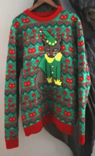 33 Degrees Sphynx Elf Cat Ugly Christmas Sweater Adult Bells XXL Hairless Sphinx