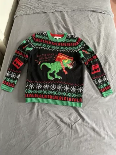 NWT Dinosaur Ugly Christmas Sweater Reh the Halls with Boughs of Holly Size M