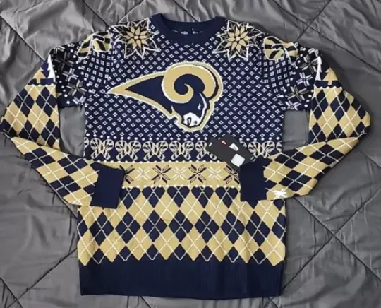 Klew Men's St. Louis Rams Holiday Long Sleeve Ugly Sweater, Navy/Yellow, MEDIUM
