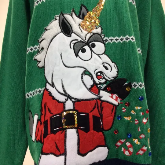 Womens Ugly Christmas Sweater Size Medium Green Unicorn Jolly Sweaters