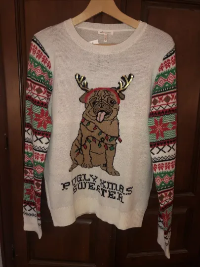 Ugly Christmas Sweater Pugly Xmas Sweater Large Sequin Antlers NEW With Tags