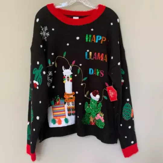 Holiday Time ugly Christmas sweater Happy Llama Days sequins embroidered XL