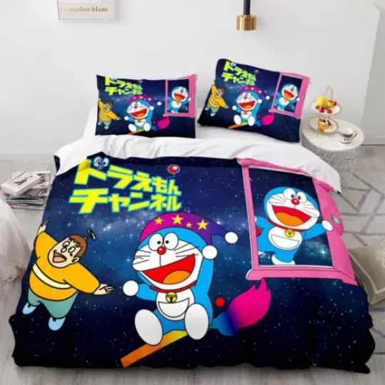 3D Doraemon Anime Doona Quilt Duvet Cover Kids Bedspread Set Single Queen King