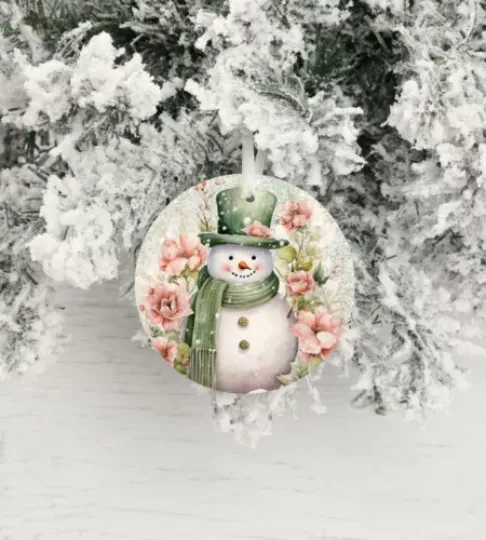 Pink and Green Snowman Ceramic Christmas Ornament Christmas Tree Decoration