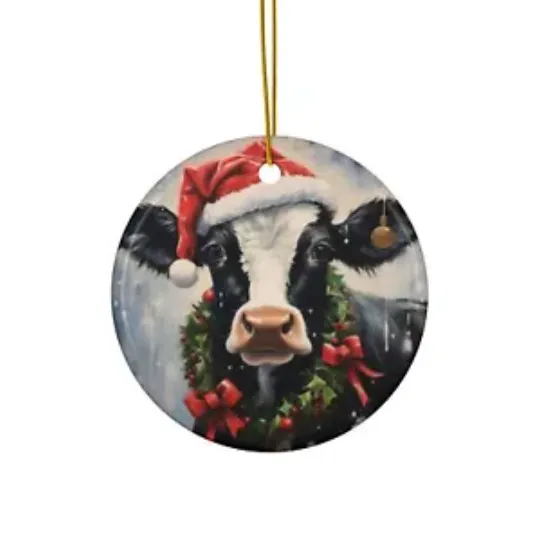 Ceramic Christmas Cow Ornament, Cute Country-Themed Cow Ornament