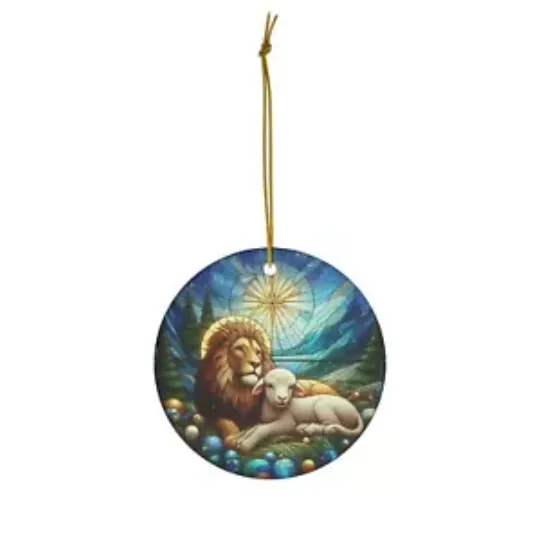 Christmas Religious Lion and Lamb Stained Glass Ceramic Ornament, 1-Pack