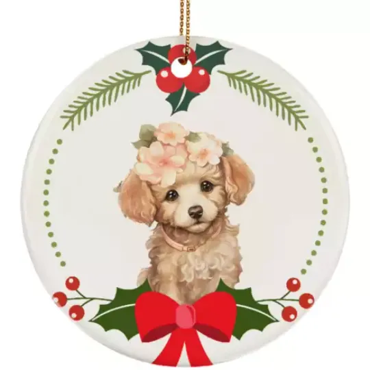 Cute Poodle Dog Puppy Head Flower Wreath Christmas Ornament Ceramic Gift Decor