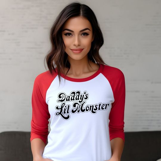 Daddy's Lil Monster Shirt, Harley Quinn Inspired Cosplay Costume, 3\4 Sleeve Baseball Tee Shirt