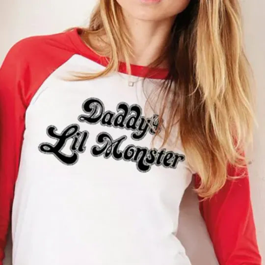 Daddy's Lil Monster Shirt, Harley Quinn Inspired Cosplay Costume, 3\4 Sleeve Baseball Tee Shirt