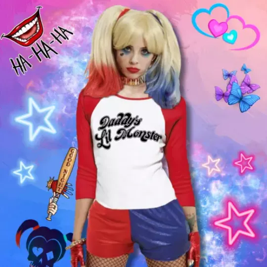 Daddy's Lil Monster Shirt, Harley Quinn Inspired Cosplay Costume, 3\4 Sleeve Baseball Tee Shirt
