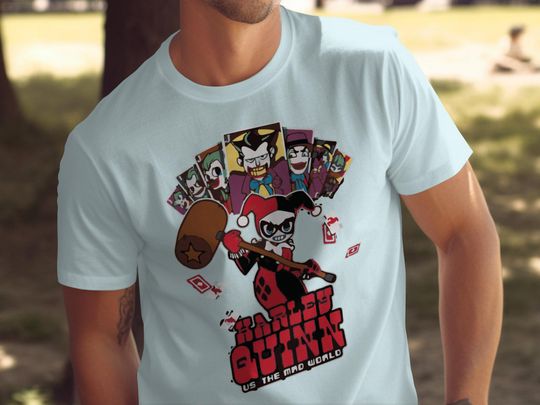 Harley Quinn Graphic Tee, Joker Playing Cards Design Shirt, Mad World Comic Book Art, Unique Superhero T-Shirt, Gift