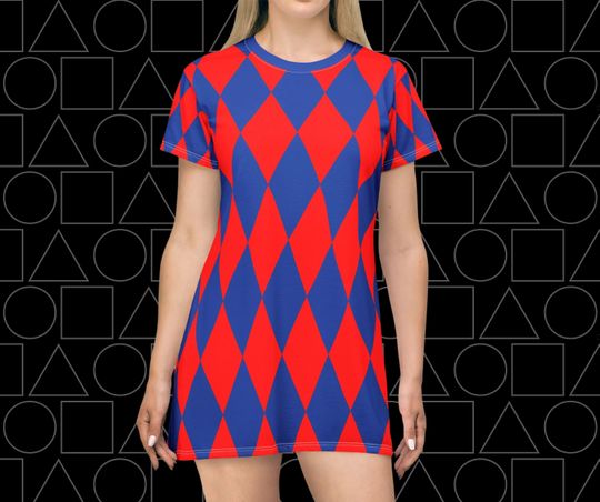 Blue and red diamond t-shirt dress, Halloween costume Graphic T-Shirt Dress, Harley Quinn inspired t shirt dress cosplay costume, mini dress