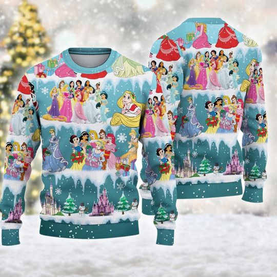 Princess Christmas Ugly Sweater, Belle Princess Christmas 3D Sweater, Tiana Snow White Rapunzel Shirt, Xmas Party Gift For Men Women Kid