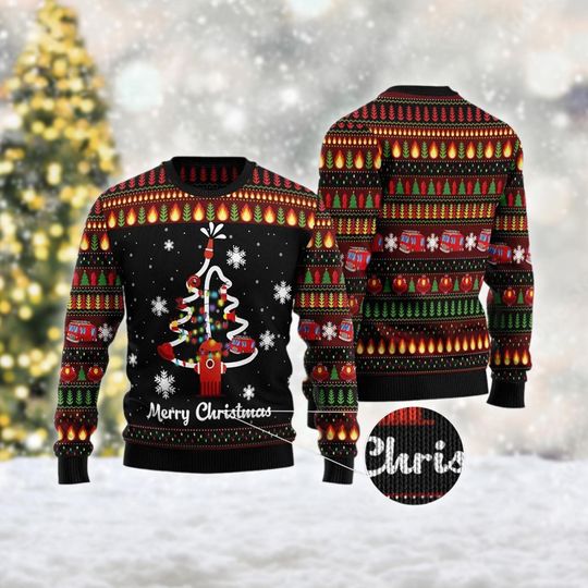 Firefighter Ugly Christmas Sweater, Merry Christmas Sweater, Christmas Ugly Sweater 3D, Family Christmas Ugly Sweater, Fire Truck Xmas Shirt
