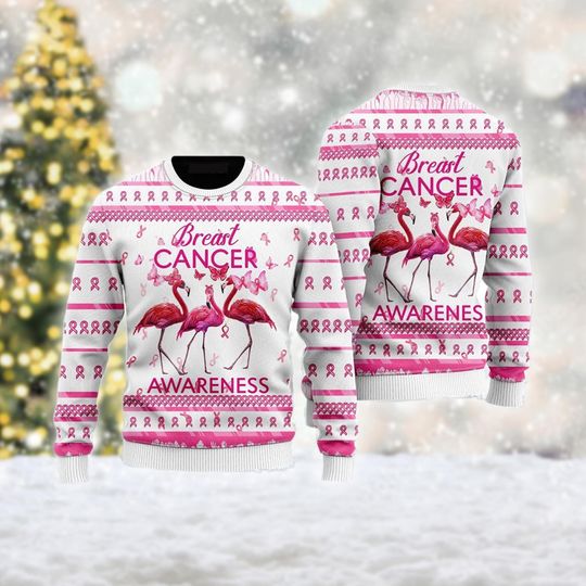 Flamingo Ugly Christmas Sweater, Flamingo Breast Cancer Awareness Christmas Sweatshirt, Family Xmas Holiday Shirt For Men Women Kid