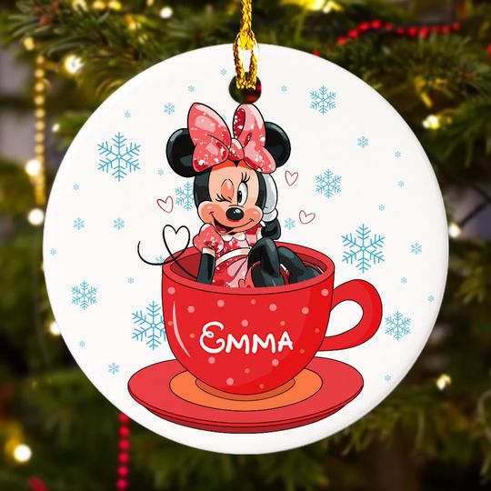 Personalized Mouse Tea Cup Christmas Ornament, Cute Mouse Girl Xmas Ceramic Ornament, Customized 2024 Christmas Tree Decor Gift For Kid
