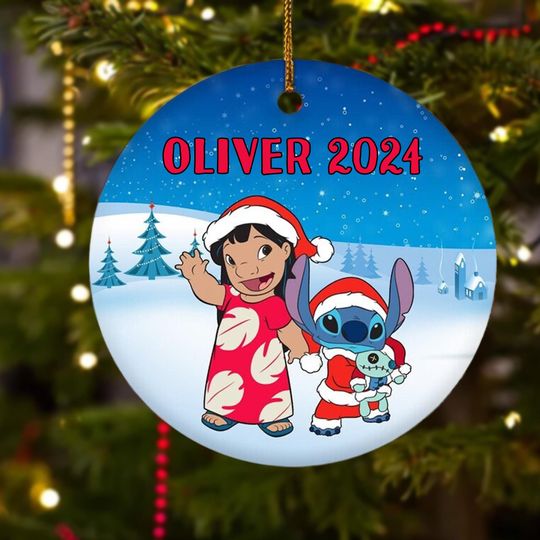 Personalized Stitchmas Ceramic Christmas Ornament, Blue Monster Customized 2024 Christmas Tree Decor, Alien Santa Hat Xmas Gift For Kid