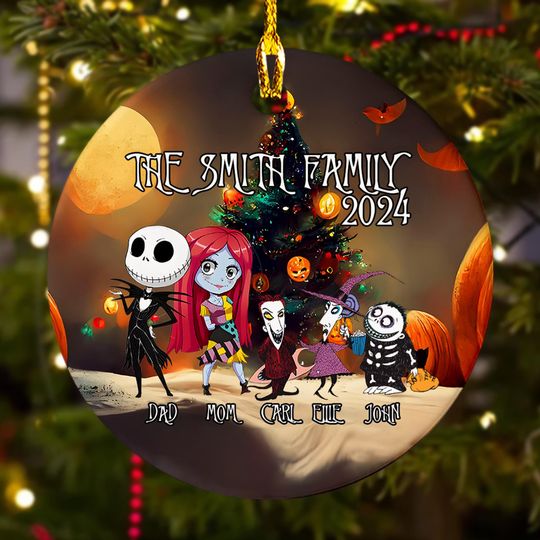 Personalized Nightmare Christmas Ornament, Halloween Custom 2024 Christmas Tree Decor Gift For Kid, Skeleton Family Christmas Gift