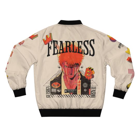 Men's "Fearless" Anime Vintage Bomber Jacket | Japanese Streetwear Jacket | Y2K apparel | Manga Aesthetic | Tokyo Fashion