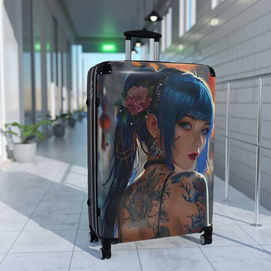 Woman Tattooed Anime Suitcase | Captivating Anime Blue Hair Carry-On Suitcase | Lightweight Durable Travel Bag | Bold Adventurous Luggage