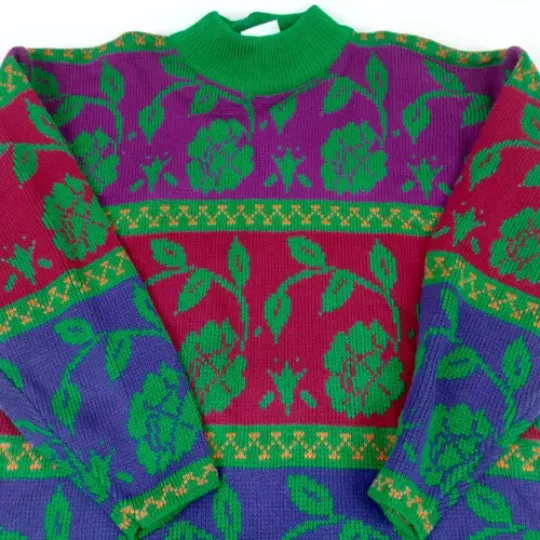 Christmas Sweater Adult Medium Floral Vintage Ugly 80s Red  Sweatshirt Women