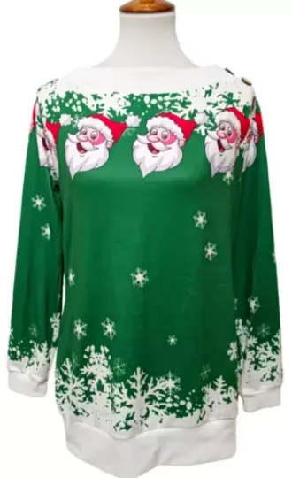 NEW ZAFUL Womens Ugly Christmas Sweater SANTA CLAUS Green Off Shoulder Size XXL