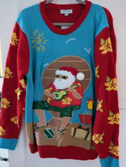 New! ugly christmas sweater Mens XL Hawaiian Santa Claus Aloha Ukulele